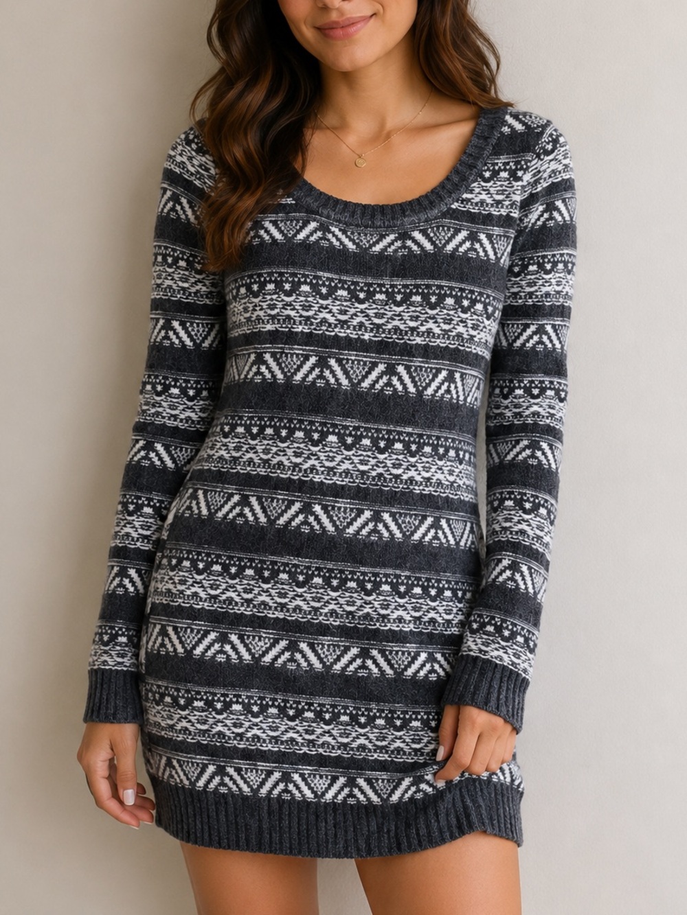 Garage Nordic Stripe Knit Sweater Mini Dress Grey White XS